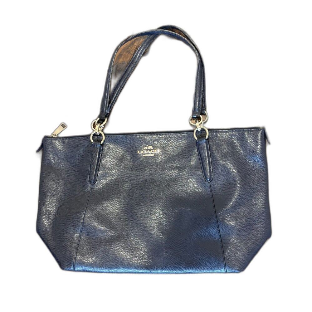 Coach Navy Blue Pebbled Leather Tote Bag Gold Hardware Large Work Bag